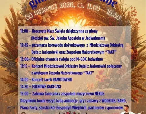 Święto Plonów w Gminie Jedwabne – zaproszenie na Dożynki Gminno-Parafialne