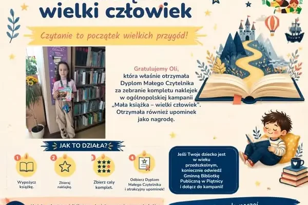 Dyplom Małego Czytelnika dla Oli w bibliotece w Piątnicy