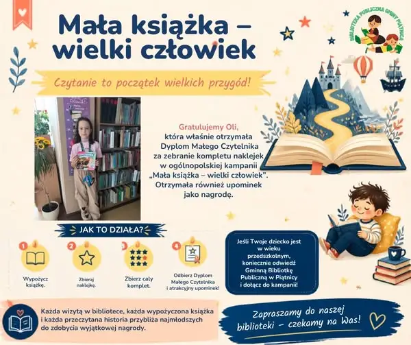 Dyplom Małego Czytelnika dla Oli w bibliotece w Piątnicy