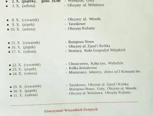 Październikowa modlitwa różańcowa w parafii Olszyny – harmonogram